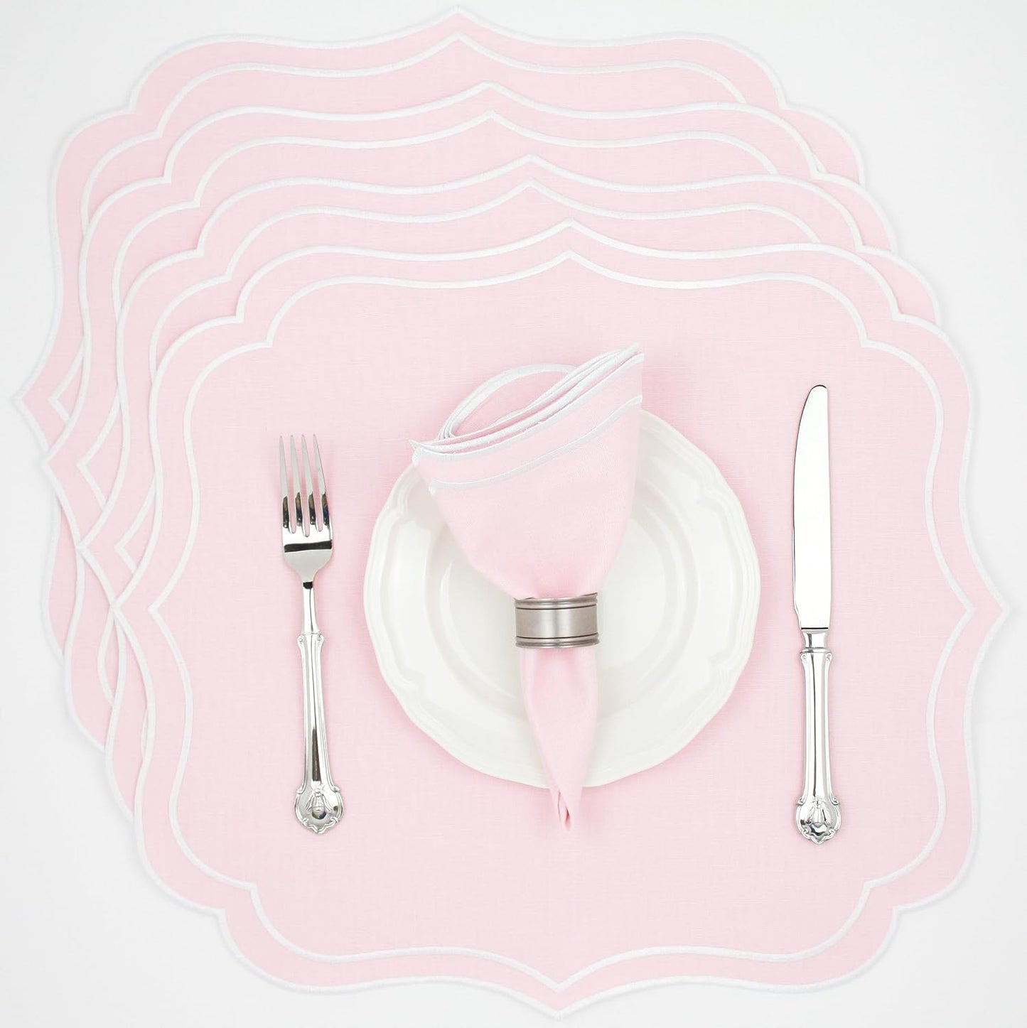 Cotton Linen Placemats Set of 4 - Double Layered, Machine Washable, Scalloped & Embroidered Cloth Table Mats - Wedding, Pastel Tone Mats, 19 x 17 inch, Light Pink