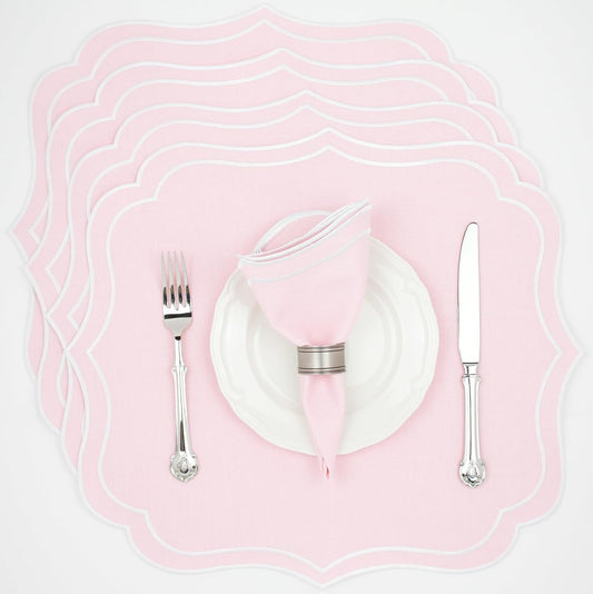 Cotton Linen Placemats Set of 4 - Double Layered, Machine Washable, Scalloped & Embroidered Cloth Table Mats - Wedding, Pastel Tone Mats, 19 x 17 inch, Light Pink