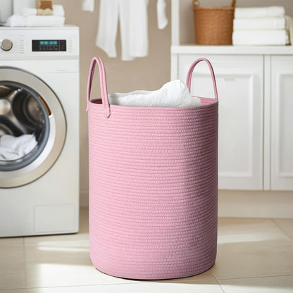 MEGASKET Large Pink Laundry Basket, 15"x18" Tall Blanket Storage for Living Room, Woven Cotton Rope Laundry Hamper for Girls Baby, Pink Room Decor Aesthetic, Decorative Clothes Hamper for Towels Toys