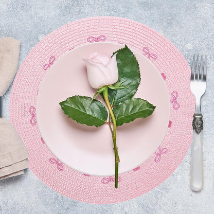 Whaline 4 Pcs Pink Bow Embroidered Placemats Round Place Mats Coquette Bow Dinner Table Mats for Home Wedding Baby Shower Birthday Party Decor