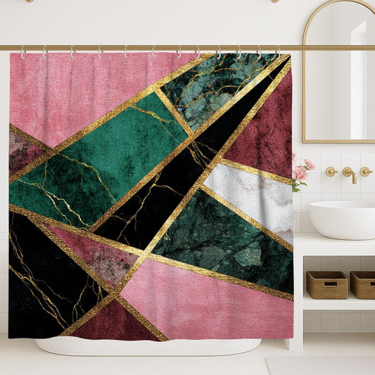 Geometric Shower Curtain, Peach Green Black White Modern Art Bathroom Decor, Spring Summer Stylish Waterproof Fabric Shower Curtain with Hooks 72x84 Inch