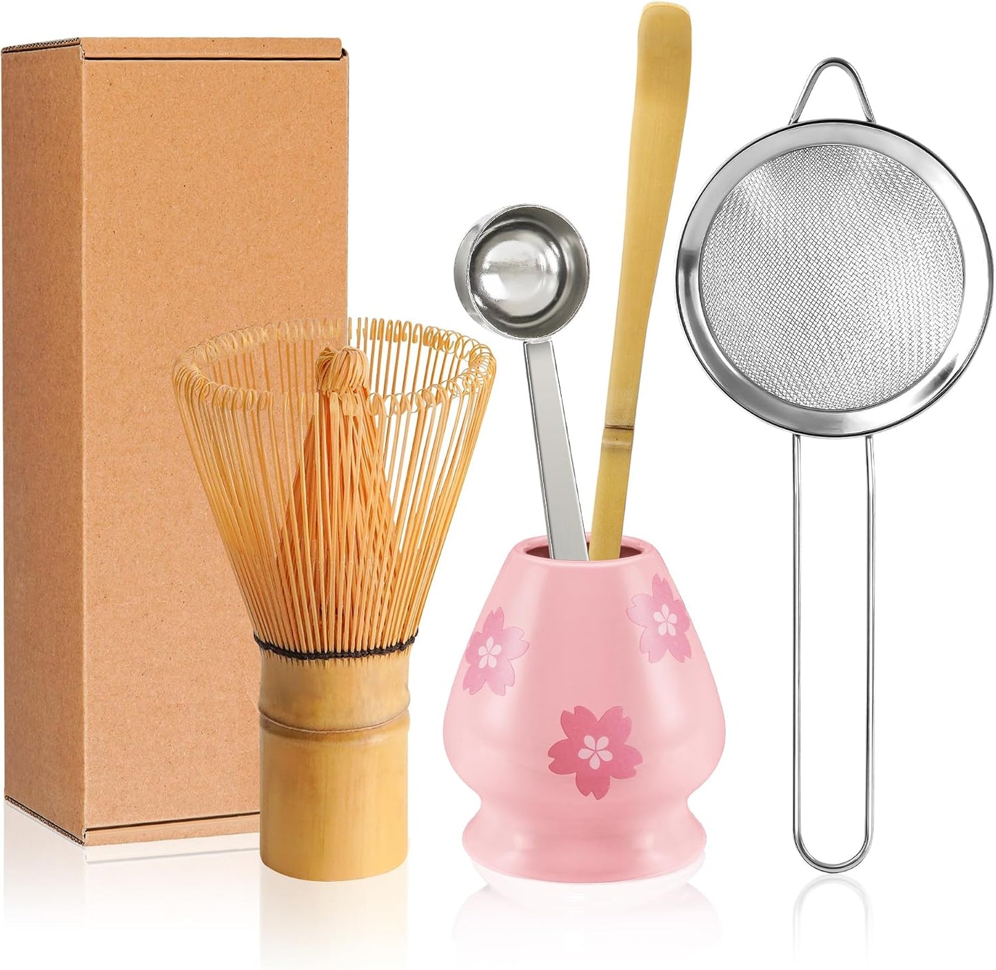 YIBO Matcha Whisk Set, Matcha Making Kit Bamboo Whisk (Chasen), Pink Printing Ceramic Whisk Holder Stand, Sifter, Scoop Japanese Tea Tools For Ceremony Gift