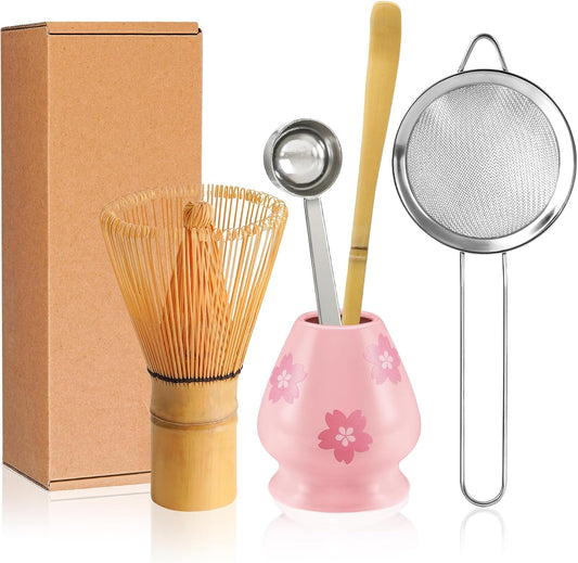YIBO Matcha Whisk Set, Matcha Making Kit Bamboo Whisk (Chasen), Pink Printing Ceramic Whisk Holder Stand, Sifter, Scoop Japanese Tea Tools For Ceremony Gift