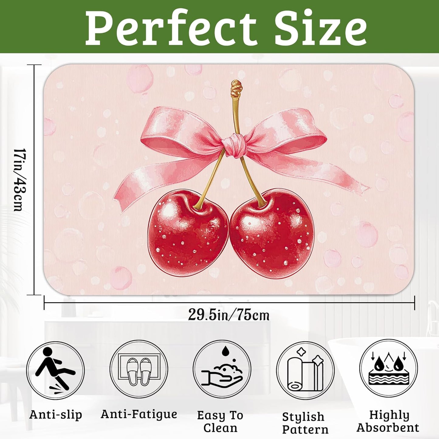 Pink Bow Bathroom Rugs Cherry Bath Mat, Thin Non Slip Floor Mats Shower Bath Rug for Tub, Laundry,Kitchen,Christmas Decorations, 17"x 29.5"
