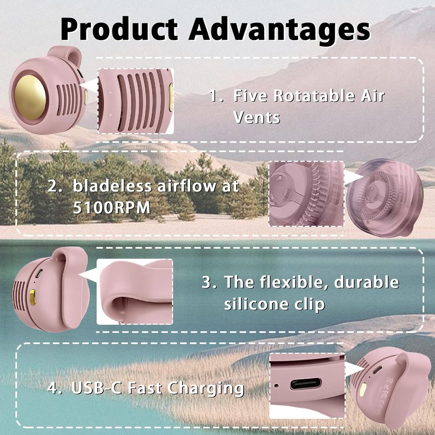 Portable Clip-On Fan, Mini USB Rechargeable 360° Rotatable Fan, Personal Fan 3-Speed Silent Mini Bladeless Fans (Pink and Purple)
