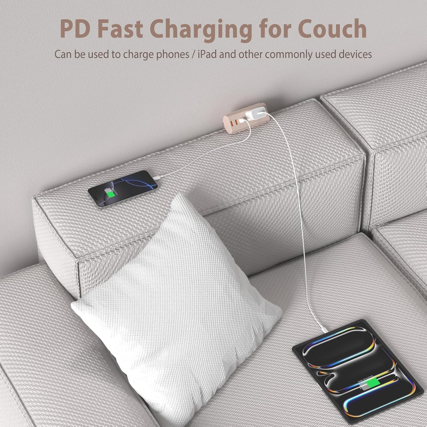 Update Removable Hidden Couch Charging Station, HEZI Sofa Outlet with 2 AC Outlets 3USB Ports (PD20W USB-C), 1050J Surge Protection, Flat Extension Cord for Furniture Couch (Pink, 6 FT)