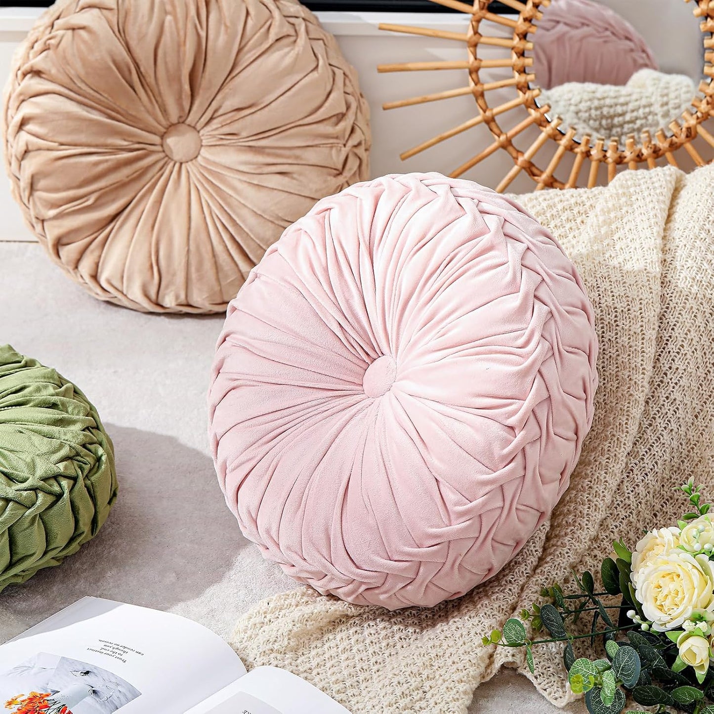 Drydiet 1 Pcs Round Throw Velvet Pillows Decorative Pleated Throw Pillows Diameter Accent Pumpkin Boho Chair Cushion for Couch Sofa Home Decoration (Pink,15'')