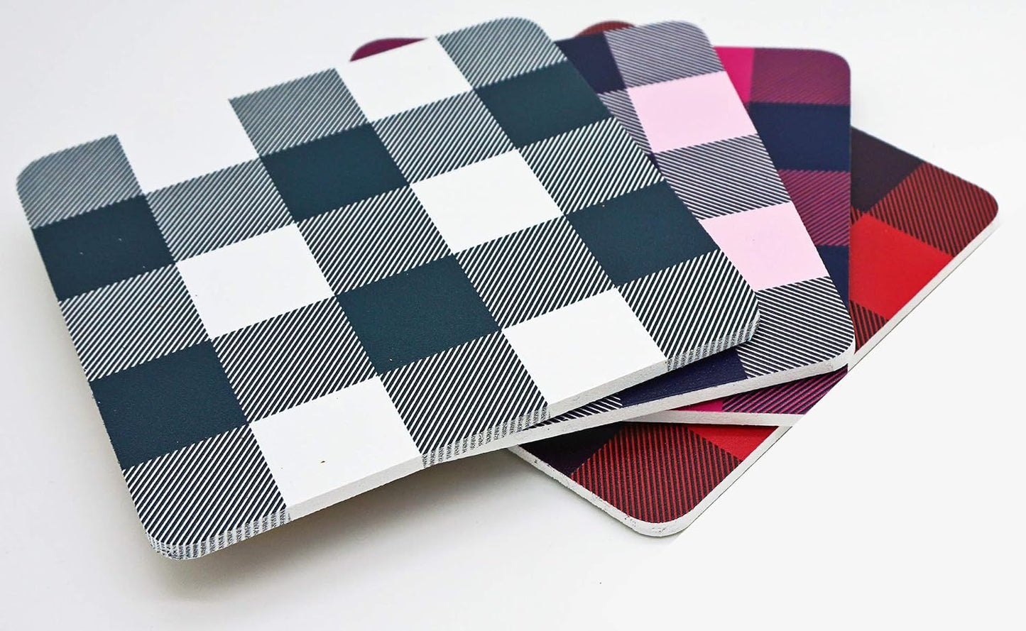 Set Of Four Coasters, Rustic Buffalo Check Plaid Pattern with Cork Base, Made in the USA by Blinggasm (Light Pink)