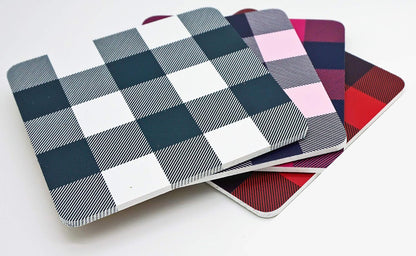Set Of Four Coasters, Rustic Buffalo Check Plaid Pattern with Cork Base, Made in the USA by Blinggasm (Light Pink)