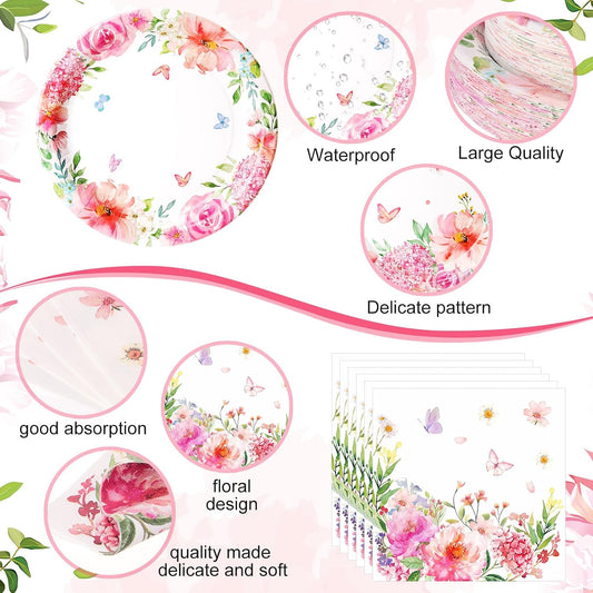 400 Pcs Floral Disposable Paper Plates Napkins and Cups Serves 50 Spring Watercolor Pink Floral Tableware Set for Wedding Tea Party Decoration Bridal Shower Baby Shower Mother's Day