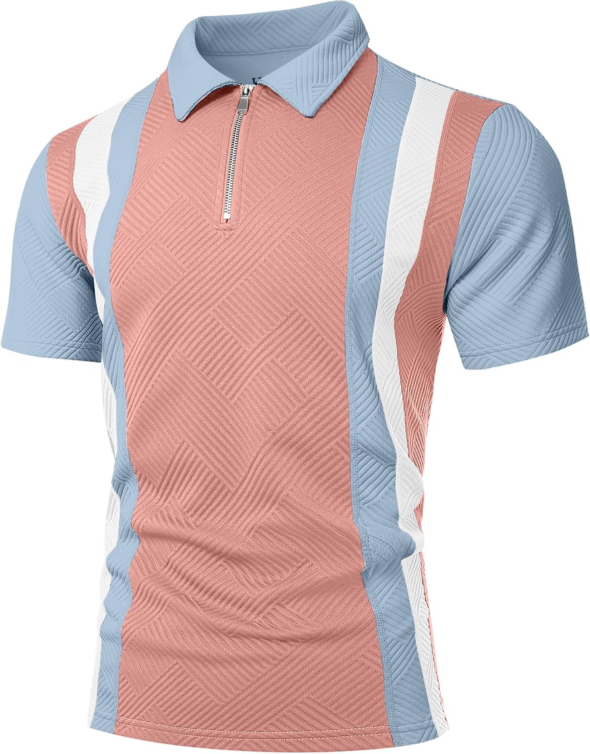 UOUA Men's 1/4 Zip Polo Shirts Summer Short Sleeve Sweatshirts Vintage Striped Texture Tops Casual Golf Tee