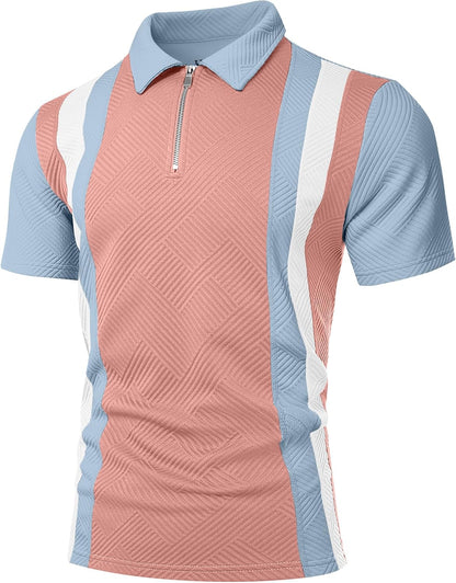 UOUA Men's 1/4 Zip Polo Shirts Summer Short Sleeve Sweatshirts Vintage Striped Texture Tops Casual Golf Tee