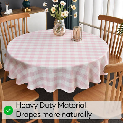 Gingham Table Cloth for Round Tables Pink Checkered Plaid Tablecloth Heavy Duty Cotton Blend Washable & Wrinkle Table Cover for Outdoor Kitchen Dining Picnic Camping (53 inch Diameter)