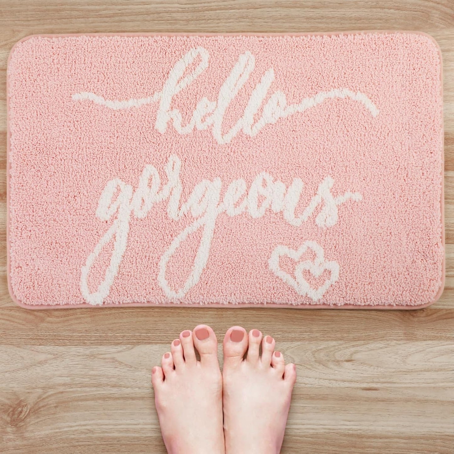 Tinideya Hello Gorgeous Bath Mat 32 x 20 Inches Light Pink Bathroom Rug with Letters Bathroom Decor Birthday Gift for Women Girls Housewarming Present