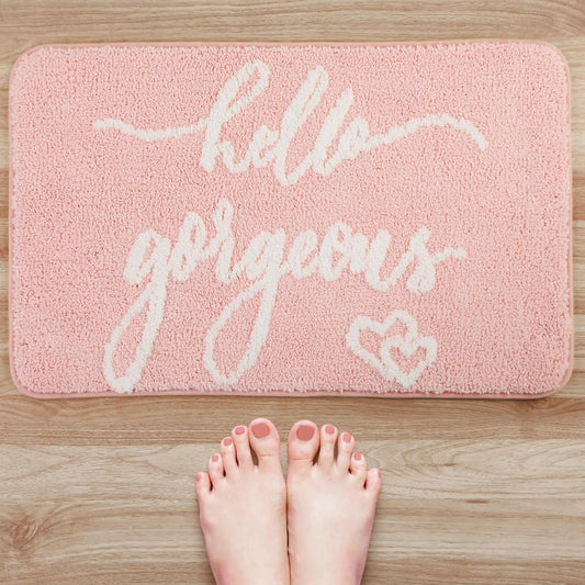 Tinideya Hello Gorgeous Bath Mat 32 x 20 Inches Light Pink Bathroom Rug with Letters Bathroom Decor Birthday Gift for Women Girls Housewarming Present