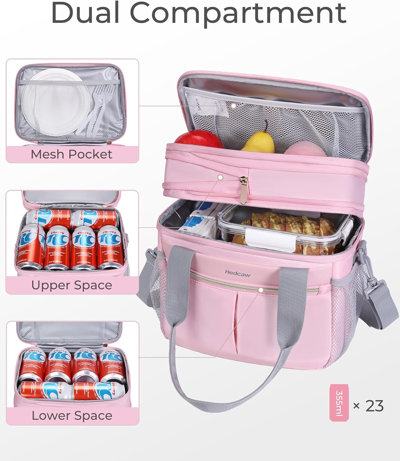 Lunch Box for Women Double Deck Insulated Lunch Bag Women Expandable Leakproof Reusable Lunch Cooler Bag for Work, Office, Picnic, Pink