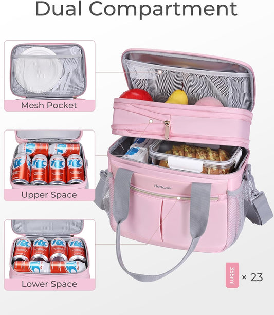Lunch Box for Women Double Deck Insulated Lunch Bag Women Expandable Leakproof Reusable Lunch Cooler Bag for Work, Office, Picnic, Pink