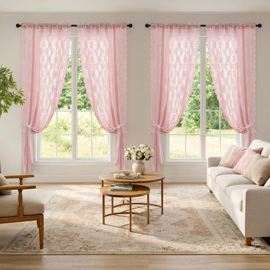 MIULEE Vintage Lace Curtains 84 Inches Long 2 Panels, Victorian Floral Scalloped Semi Sheer Curtains Light Filtering Rod Pocket Panels Decor for Girl Bedroom Living Room, 52" W x 84" L, Light Pink