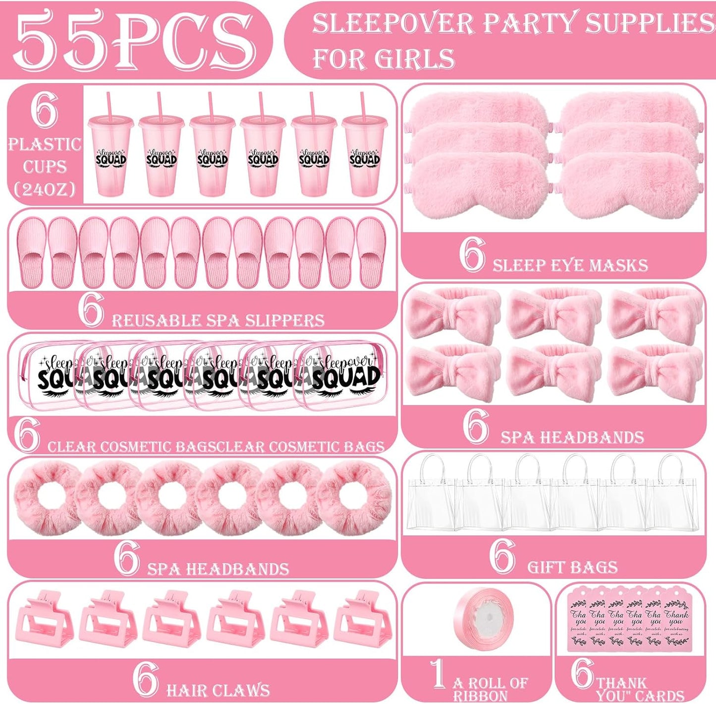 6 Sets Spa Sleepover Party Supplies 6 Pink Cups 6 Spa Headbands 6 Slippers 6 Eye Masks 6 Scrunchies 6 Hair Claws 6 Bags 6 Cosmetic Bag 6 Cards 1 Ribbon for Slumber Party(Pink)