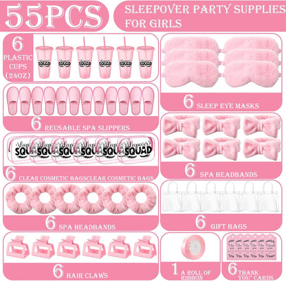6 Sets Spa Sleepover Party Supplies 6 Pink Cups 6 Spa Headbands 6 Slippers 6 Eye Masks 6 Scrunchies 6 Hair Claws 6 Bags 6 Cosmetic Bag 6 Cards 1 Ribbon for Slumber Party(Pink)