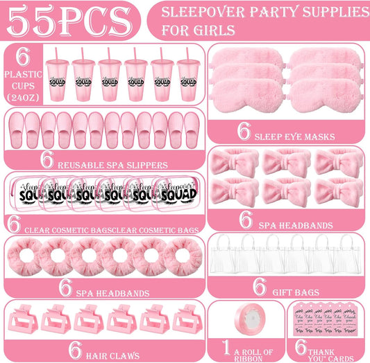 6 Sets Spa Sleepover Party Supplies 6 Pink Cups 6 Spa Headbands 6 Slippers 6 Eye Masks 6 Scrunchies 6 Hair Claws 6 Bags 6 Cosmetic Bag 6 Cards 1 Ribbon for Slumber Party(Pink)