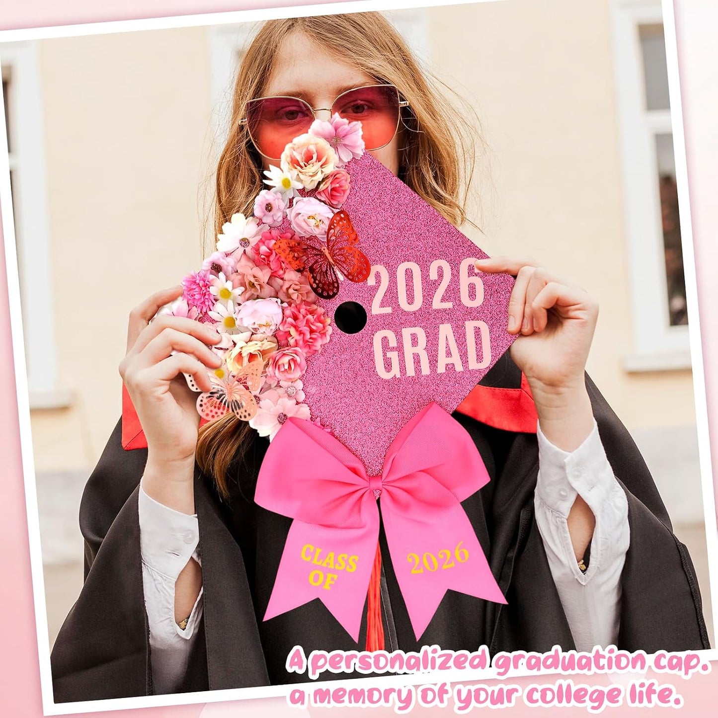54 Pcs Pink DIY Graduation Cap Decorations Kit Include Faux Flower Pink Bow 3D Butterfly Alphabet Letter Sticker Rhinestones Sticker Glitter Paper Plush Strip for DIY Hat Grad Cap Topper Grad Party