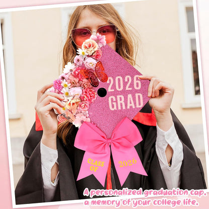 54 Pcs Pink DIY Graduation Cap Decorations Kit Include Faux Flower Pink Bow 3D Butterfly Alphabet Letter Sticker Rhinestones Sticker Glitter Paper Plush Strip for DIY Hat Grad Cap Topper Grad Party