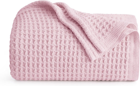 Bedsure 100% Cotton Throw Blanket for Couch 50x70 inches - Cooling Breathable and Soft for Summer, Waffle Weave Throw Blanket for Office, Pink