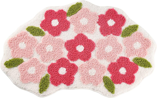 Pink Flowers Bathroom Rug, Soft Tufted Plush Washable Non-Slip Pretty Floral Bath Mat, Bedroom Kitchen Floor Door Mat for Home