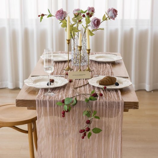 Keketoarrange 3pcs Dusty Pink Table Runner Sheer Table Runner French Country Rustic Gauze Bali yarn Cheesecloth 120 Inch 10 FT Cheese Cloth for Wedding Baby Bridal Shower Party Summer Home Decorations