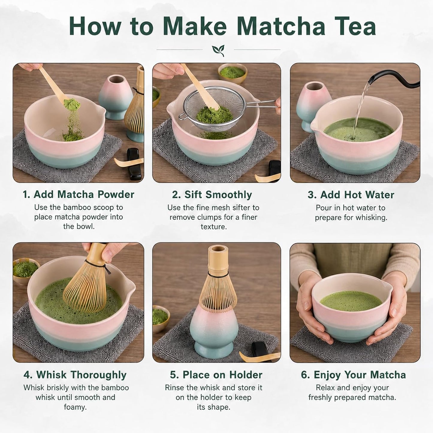 7pcs Matcha Set, Matcha Whisk Set - Matcha Whisk Bamboo, Whisk Holder, Matcha Bowl, Scoop, Sifter, Absorbent Cloth - Japanese Tea Ceremony Set for Home Use or as a Gift, Gradient Pink-Blue