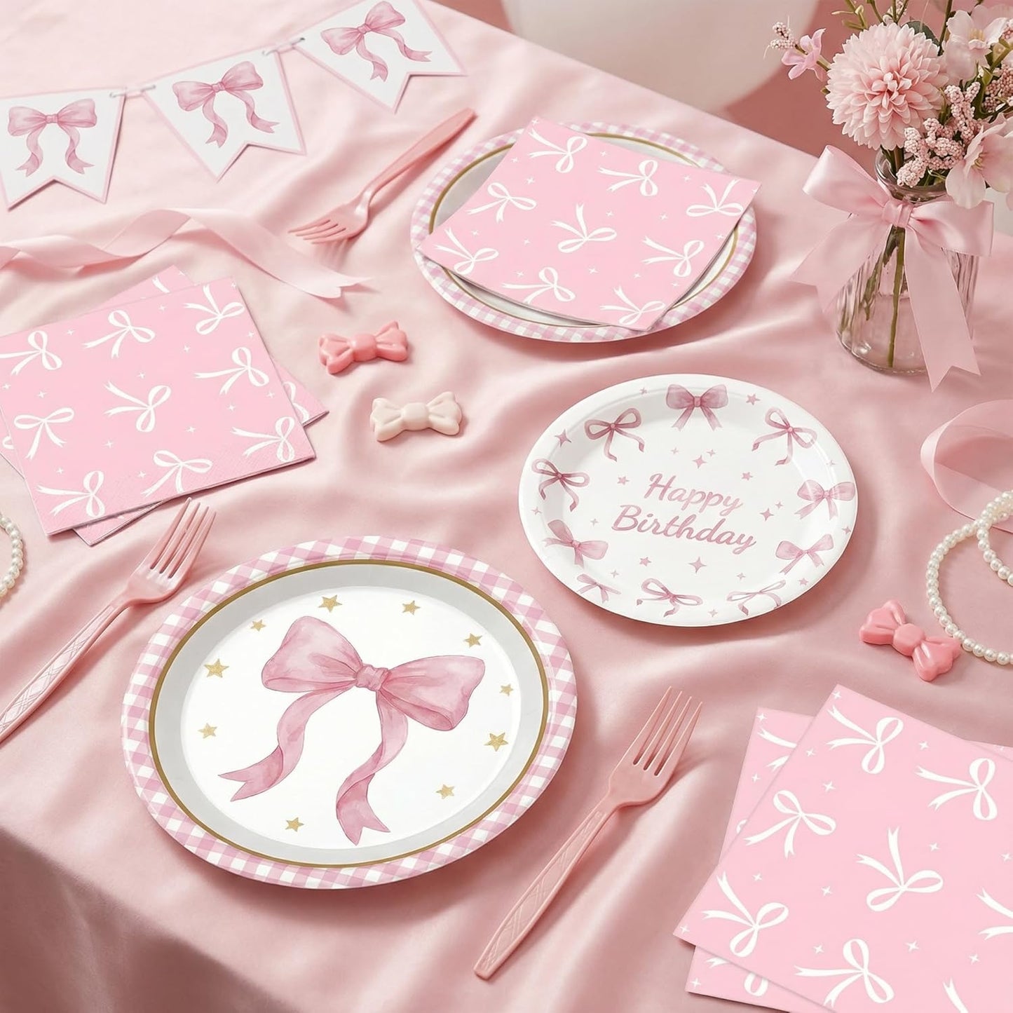 ArtSocket 96 Pcs Pink Bow Party Decorations Tableware Set, Coquette Disposable Dessert Plates Napkins Forks for Table Decorations Favors for Kids Girls Baby Shower Birthday Party Serve 24 Guests