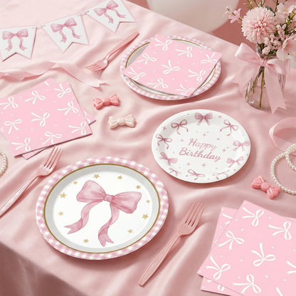 ArtSocket 96 Pcs Pink Bow Party Decorations Tableware Set, Coquette Disposable Dessert Plates Napkins Forks for Table Decorations Favors for Kids Girls Baby Shower Birthday Party Serve 24 Guests