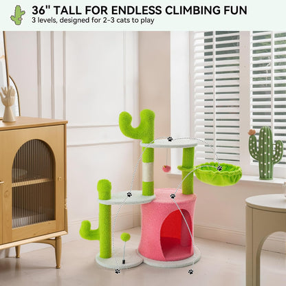 YITAHOME Cactus Cat Tree: 36 in Cats Tower for Indoor Kittens with 2 Platforms, Scratching Post, Spring Ball, Hanging Ball, Hanging Basket, Green & Pink
