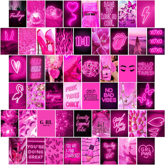 WOONKIT Pink Neon Wall Collage Kit Aesthetic Pictures, Trendy Room Decor for Teen Girls, Pink , 50pcs 4x6 Inch
