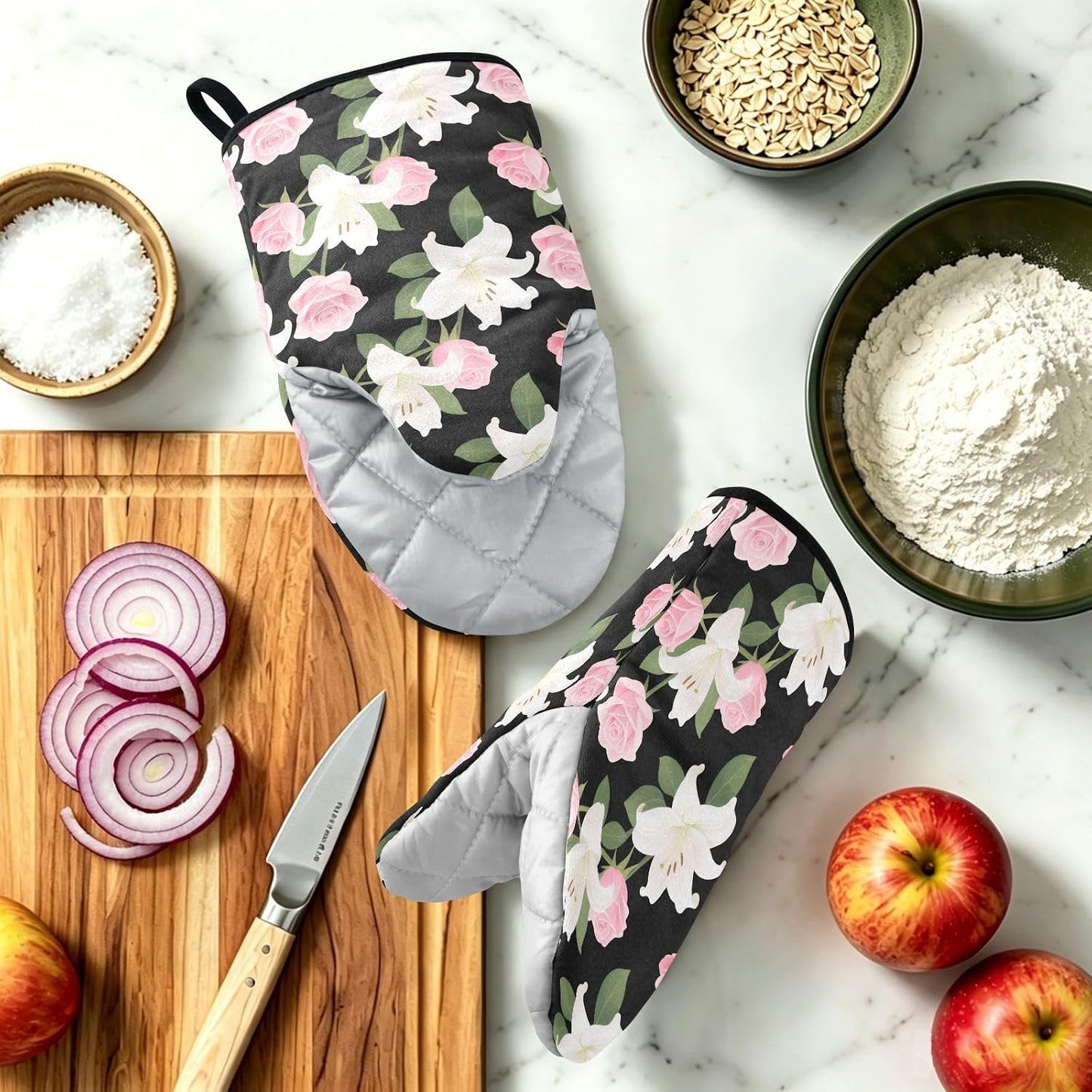 Oven Mitt 2 Pack Set Pink Roses and Lilies Flowers Kitchen Mitts Gloves for for Cooking Baking Grilling