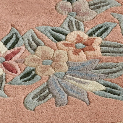 Touch of Class Elegant Corner Floral II Round Rug | Coral Peach | 7 feet 6 inches | Handcarved, Hand-Tufted, Luster Washed, Thick Pure Wool Circle Rug with Traditional Flowers