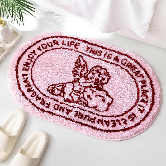 TRUEDAYS Cute Pink Angel Bath Rug - Soft Non Slip Absorbent Pink Bathroom Rugs - Vintage Sketch Design Chic Cherub Decor Bath Mat for Bathroom Dorm Vanity or Sink Area