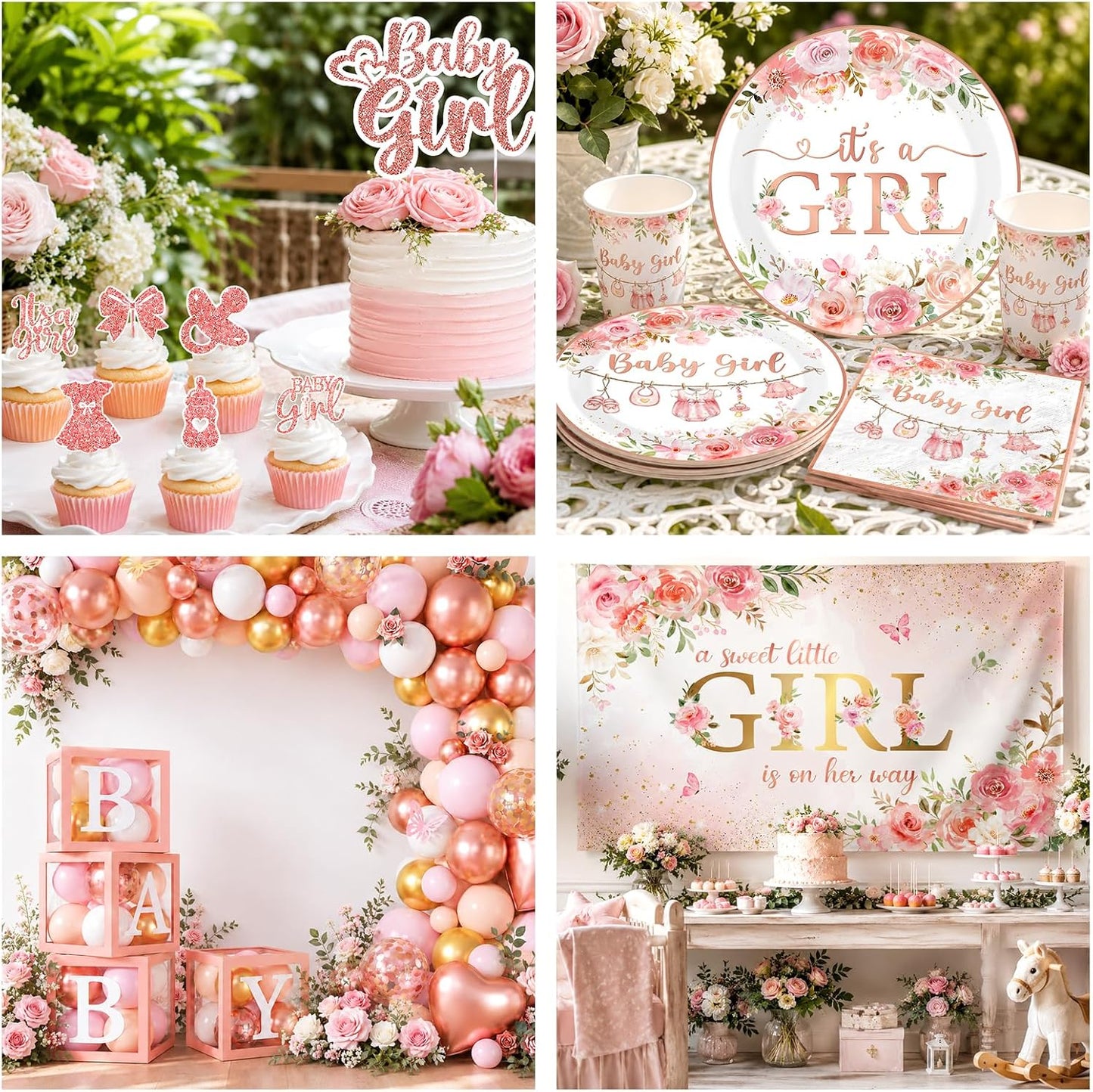 Baby Shower Girl Decorations,258pcs Pink Gold Baby Shower Decorations Girl Plates And Napkins Cups Banner Backdrop Tablecloth Cake Topper Balloon For A Sweet Little Girls Is On The Way Supplies