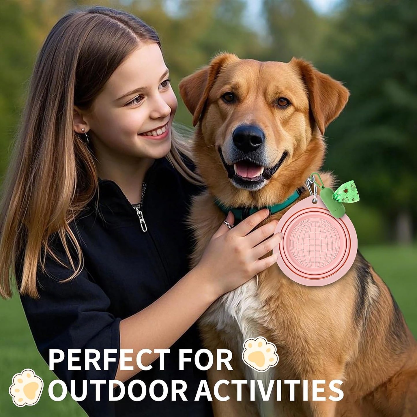 3 Pack Collapsible Dog Bowls,Pet Bowls with Pet Poop Bag Dispenser Set,Portable Silicone Travel Dog Bowls for Walking,Hiking,Camping,Outdoor Travel(Pink&Green)