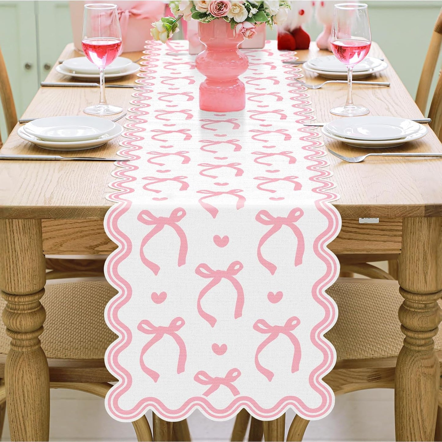 Pink Bow Table Runner 72 Inches Cute Heart Linen Fabric Scalloped Table Runner Coquette Dining Decor for Birthday Baby Shower Party School Home Decor(Bow A)