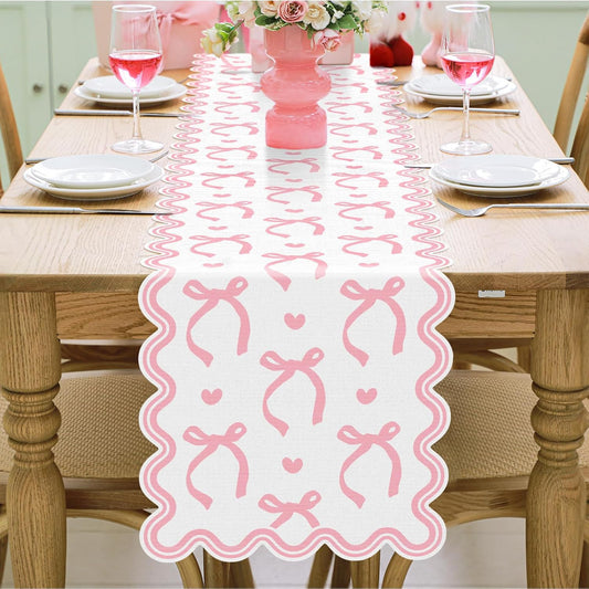 Pink Bow Table Runner 72 Inches Cute Heart Linen Fabric Scalloped Table Runner Coquette Dining Decor for Birthday Baby Shower Party School Home Decor(Bow A)