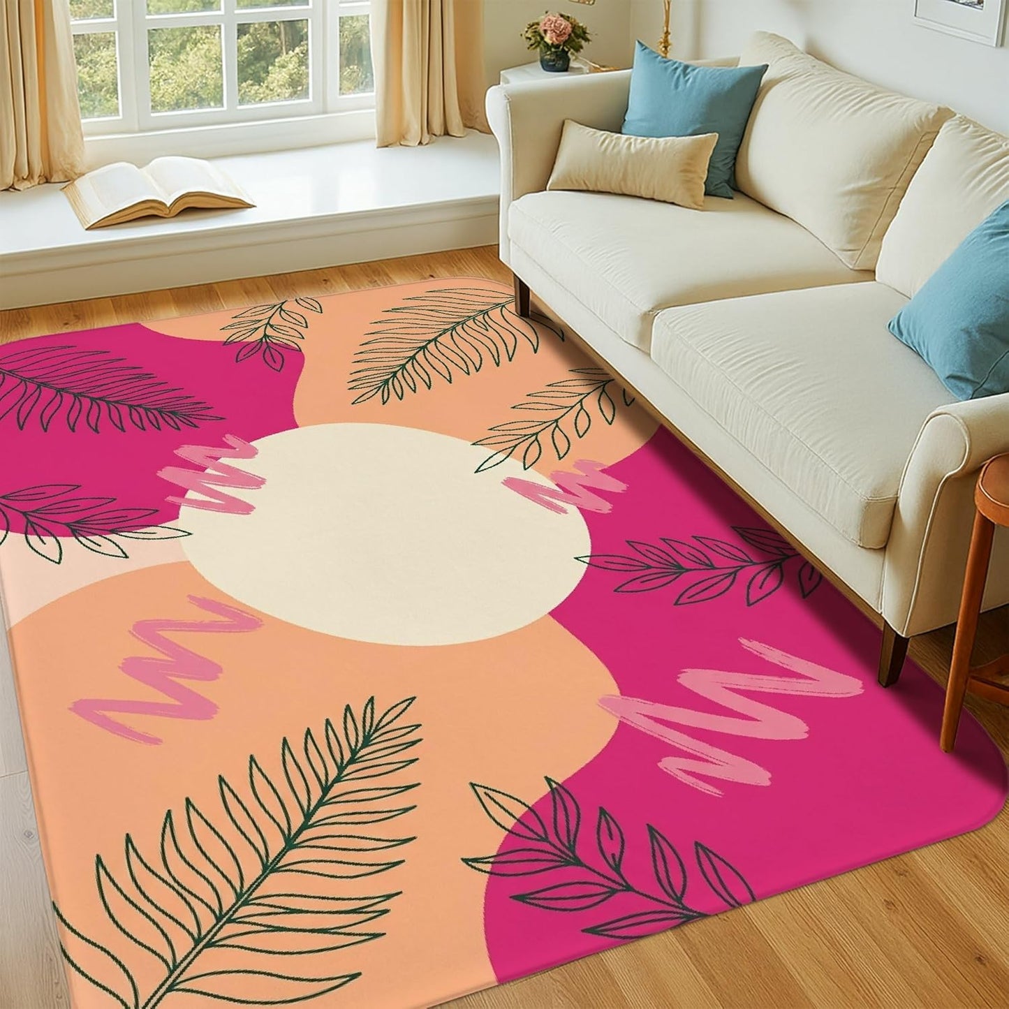 Sun Area Rug, Modern Abstract Leaves Wavy Lines Summer Peach Non-Slip Home Indoor Pattern Carpets Non Shedding Rugs for Living Room Bedroom Under Table Dining Decor 4' X 6'