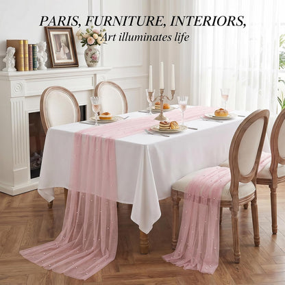 Pink Pearl Table Runner, 30x120 Inch Tulle Fabric Lace Table Runner, Boho Romantic Table-Runners with Pearls, Gauze Table-Runners for Bridal Shower, Birthday Party, Wedding, Dining and Baby Shower