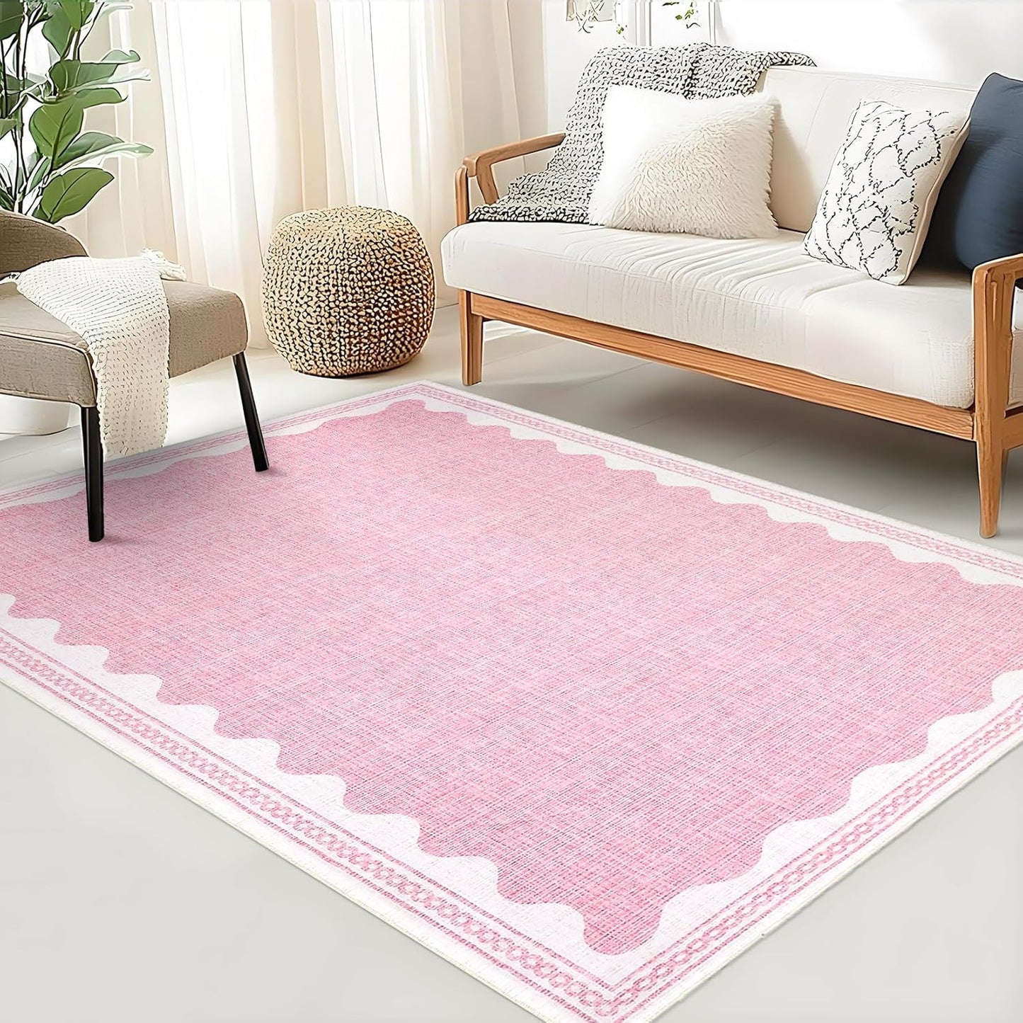 Scalloped Rug 5x7 Modern Solid Color Modern Mats with Non-Slip Backing, Stain-Resistant Low Pile Accent Rug, Washable Contemporary Throw Carpet for Living Room, Bedroom, Office, Pink