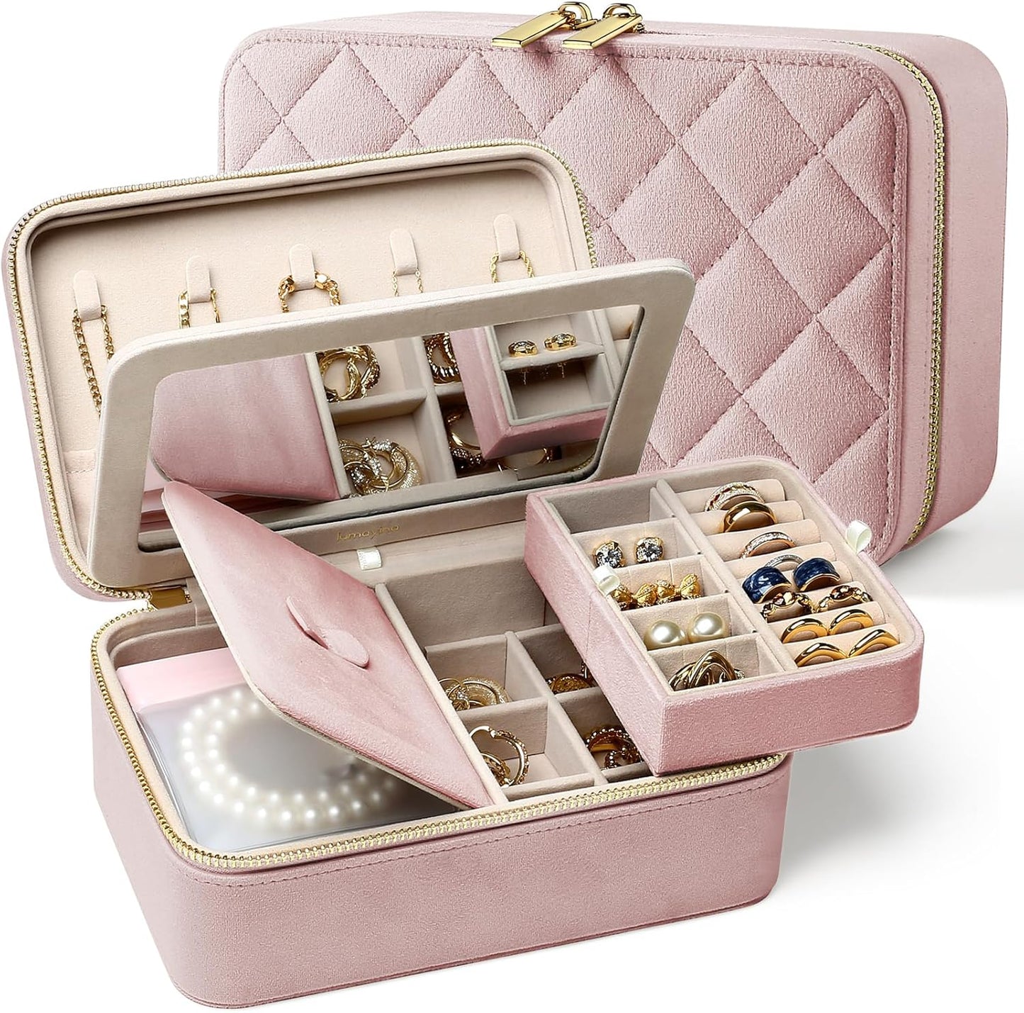 Velvet Travel Jewelry Box with Large Mirror, Double-Layer Jewelry Organizer Case for Women and Girls, Portable Storage Case with 6 Anti-Tarnish Bags Gift Ready for Her (Blush Pink)