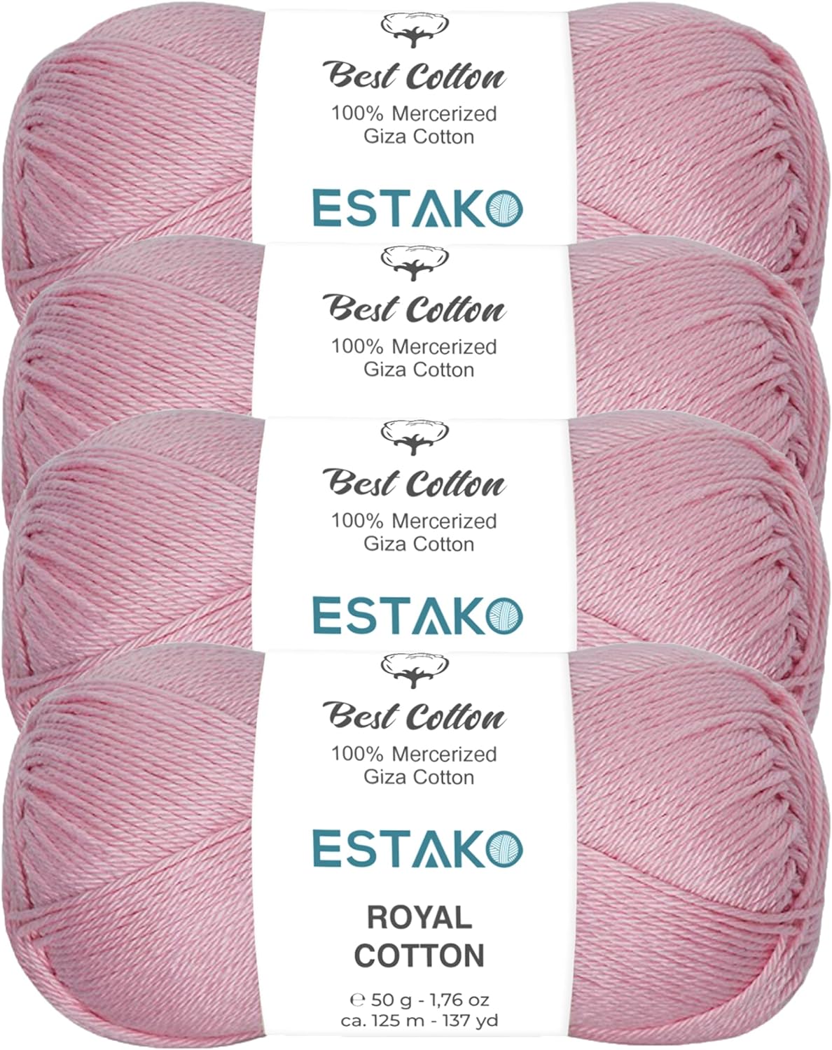 Estako Royal Cotton, (4 Skeins Pack) 100% Mercerized Giza Cotton Yarn, Soft, Super Fino for Crochet and Knitting (4 x 1.76 Oz) / (4 x 137 Yrds) (5096 - Baby Pink)