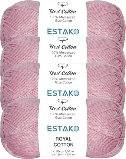 Estako Royal Cotton, (4 Skeins Pack) 100% Mercerized Giza Cotton Yarn, Soft, Super Fino for Crochet and Knitting (4 x 1.76 Oz) / (4 x 137 Yrds) (5096 - Baby Pink)