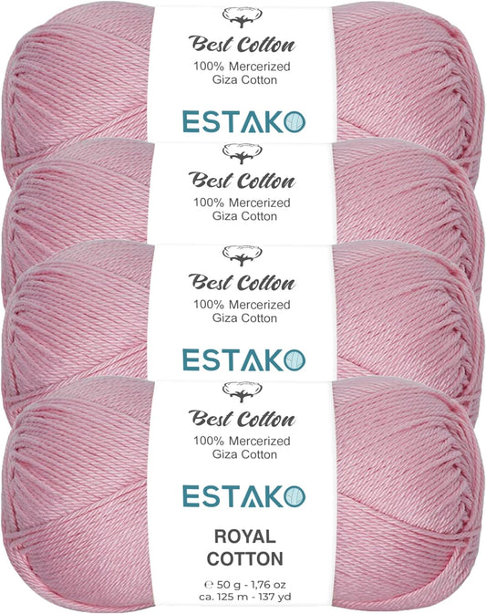 Estako Royal Cotton, (4 Skeins Pack) 100% Mercerized Giza Cotton Yarn, Soft, Super Fino for Crochet and Knitting (4 x 1.76 Oz) / (4 x 137 Yrds) (5096 - Baby Pink)
