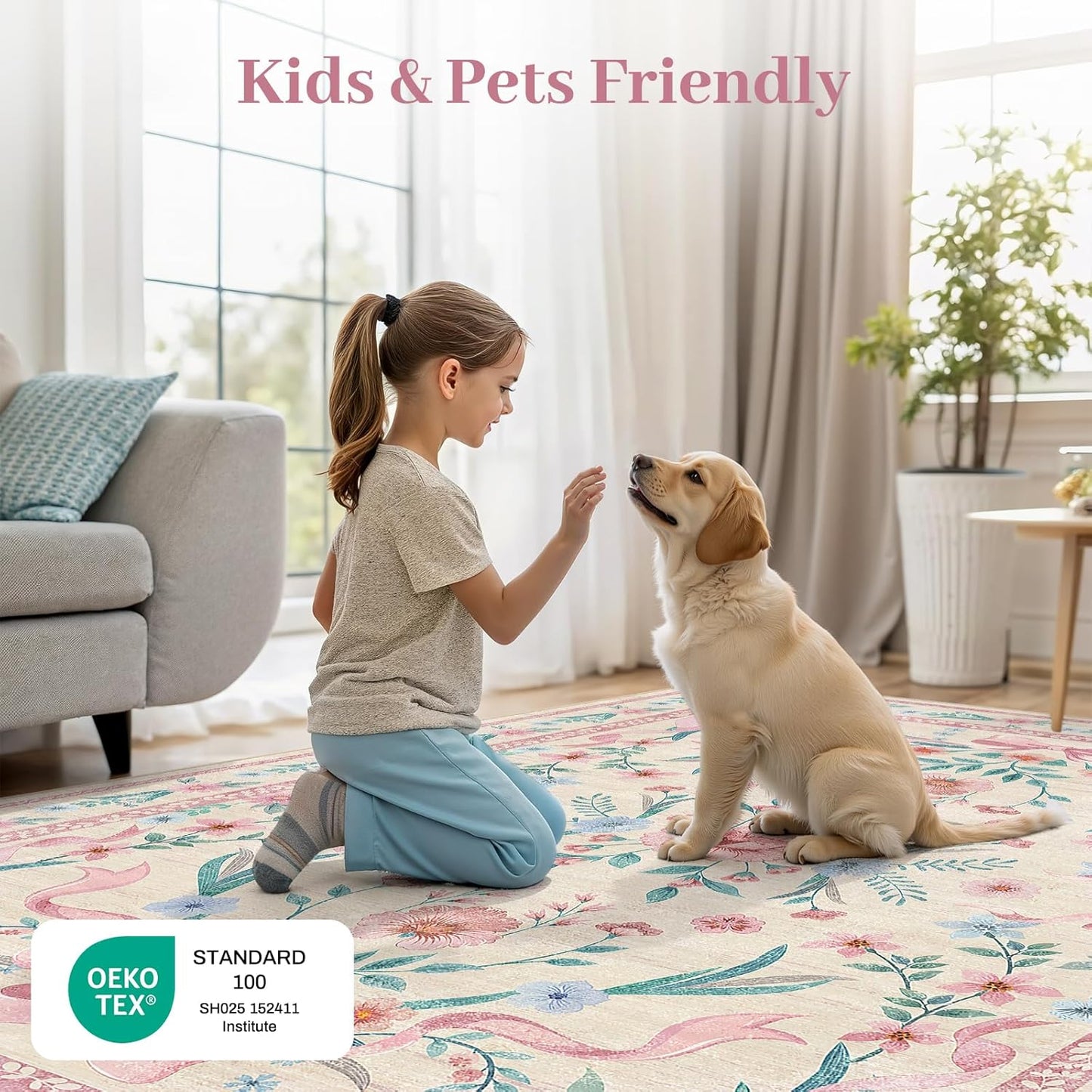 Coquette Pink Bow Rug 5x7, Washable Floral Area Rug for Girls Bedroom & Nursery, Soft Low Pile Non Slip Carpet for Kids Room, Dorm, Playroom, Living Room